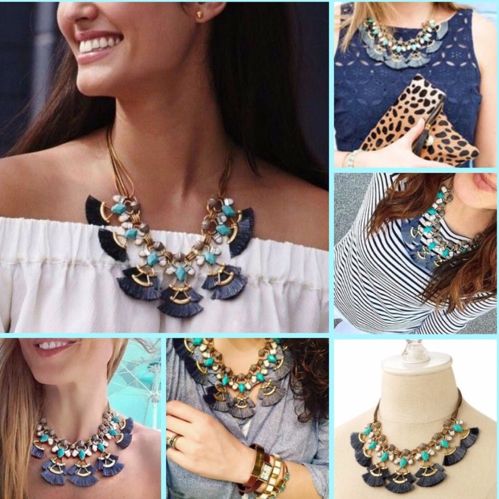 Stella & Dot | Vintage Gold, Turquoise + Black Lotus Tassel Statement Ne⦠- Picture 3 of 10